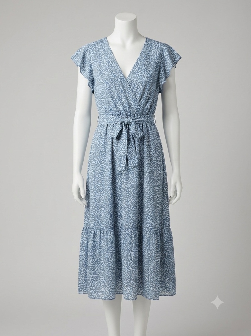 YACUN Blue & White Cheetah Print Midi Dress with Ruffle Sleeves and Tie Waist XL